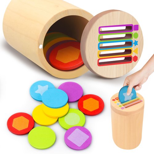 Montessori Toys for 1-3 Year Old, Wooden Shape and Color Sorting Coin Box Toys, Fine Motor Skills Sensory Toys for Toddlers Age 1 2 3, 12-36 Month Old Birthday Gifts for Baby Boys Girls