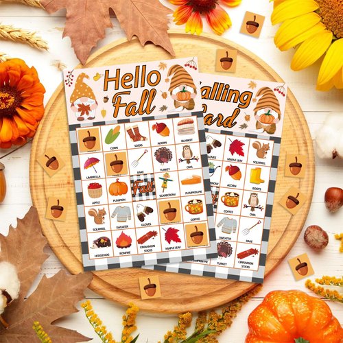JUESMOS Fall Game Gnome Bingo Game Cards 24 Players Fall Bingo Game for Adults Autumn Harvest Fall Festival Party Games for School Classroom Family Activities Thanksgiving Party Favors Supplies