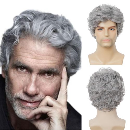 Dai Cloud Grey Short Curly Wigs for Men Natural Fluffy Synthetic Layered Daily Hair for Male Wig Cap