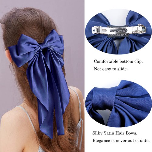 3 Pieces Silky Satin Hair Bow Larg Hair Bows Hair Clips for Women Soft Ribbon Hair Barrettes Plain Color Bowknot with Long Tail French Barrettes for Girls (Tibetan blue, Khaki, Pink)