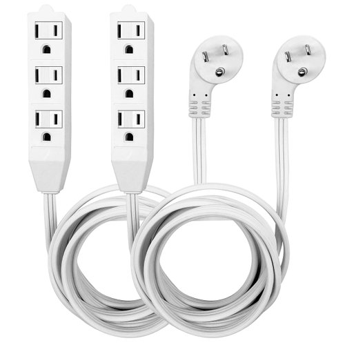 White Flat plug Extension Cord, short power cord with 3 Prong standard ground sockets, basic indoor 3-pin ground cable, UL Listed（ 8FT, 2PK）