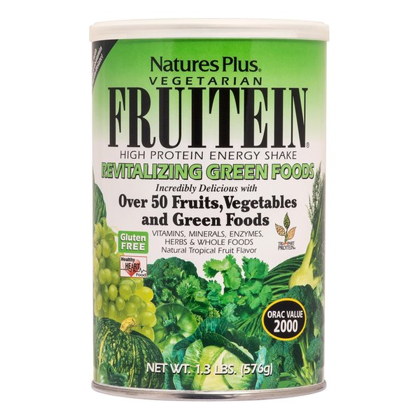 NaturesPlus Fruitein Revitalizing Green Foods High Protein Energy Shake - Tropical Fruit Flavor - 1.3 lbs, Vegetarian Powder - Plant-Based Meal Replacement - Non-GMO, Gluten-Free - 16 Servings