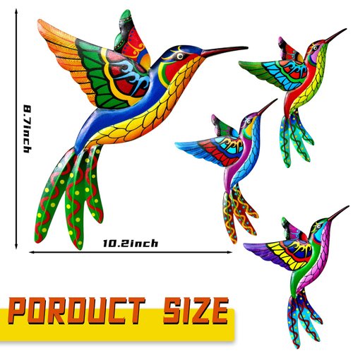4 Pack Metal Hummingbird Wall Art Decor Metal Colorful Birds 3D Outdoor Sculpture Iron Outdoor Hanging Decor Ornaments Metal Hand-made Bird Wall Art Fence Decorations for Living Room Patio Balcony