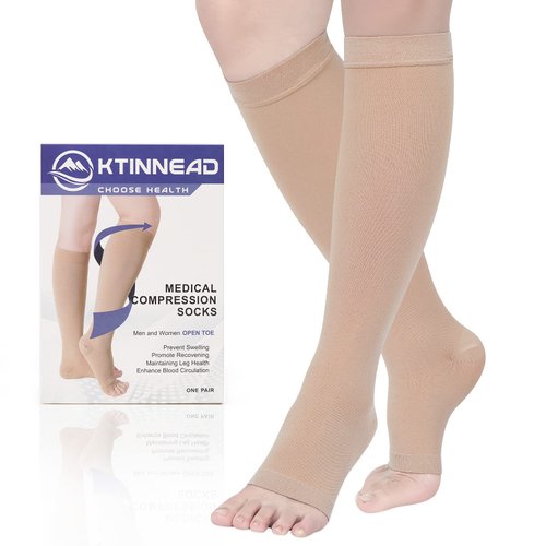 Ktinnead Compression Socks for Women and men 20-30 mmhg, Knee High Graduated Compression Stockings, Opaque, Open Toe, Unisex, Beige, Medium