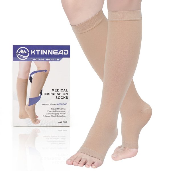 Ktinnead Compression Socks for Women and men 20-30 mmhg, Knee High Graduated Compression Stockings, Opaque, Open Toe, Unisex, Beige, Medium