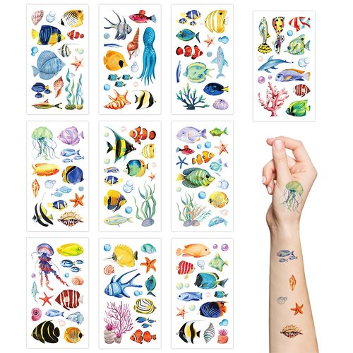 Tropical Ocean Fish Temporary Tattoos,10 Sheets Ocean Animals Under The Sea Marine Life Fake Tattoo Stickers Waterproof Cartoon Tattoos for Boys Girls Kids Party Supplies