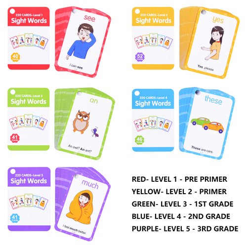 Conzy Dolch Sight Words Flash Cards for Toddlers Kindergarten 1st 2nd 3rd Grade, 220 Sight Words with Pictures and Sentences for Kids Learn to Read, 5 Levels of Difficulty, 6 Sorting Rings