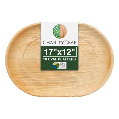Charity Leaf Disposable Palm Leaf 17" x 12" Trays (10 pieces) Bamboo Like Serving Platters, Disposable Boards, Eco-Friendly Dinnerware For Weddings, Catering, Events