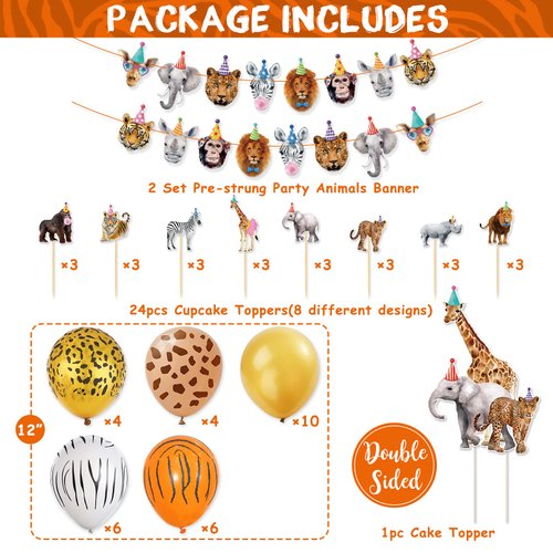 Safari Animals Party Decorations Party Animals Birthday Banner Cake Cupcake Toppers and Balloons for Boys Girls Wild Jungle Animals Birthday Supplies