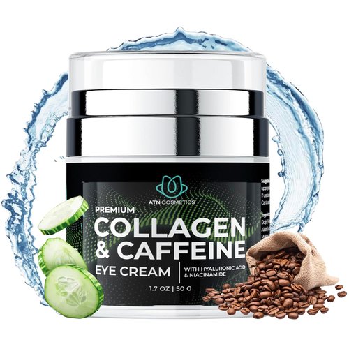 ATN Cosmetics Caffeine Eye Cream, Collagen Eye Cream for all skin types, For Wrinkles & Dark Circles, and Puffiness, Infused with Hyaluronic Acid & Niacinamide, 1.7 OZ / 50 G