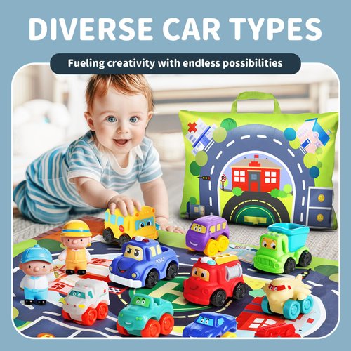 ALASOU 12 PCS Soft Rubber Car Toys for 1 Year Old Boy with Playmat/Storage Bag|1st Birthday Gifts for Toddler Toys Age 1-2|Baby Toys 12-18 Months|Stocking Stuffers for Toddlers 1-3