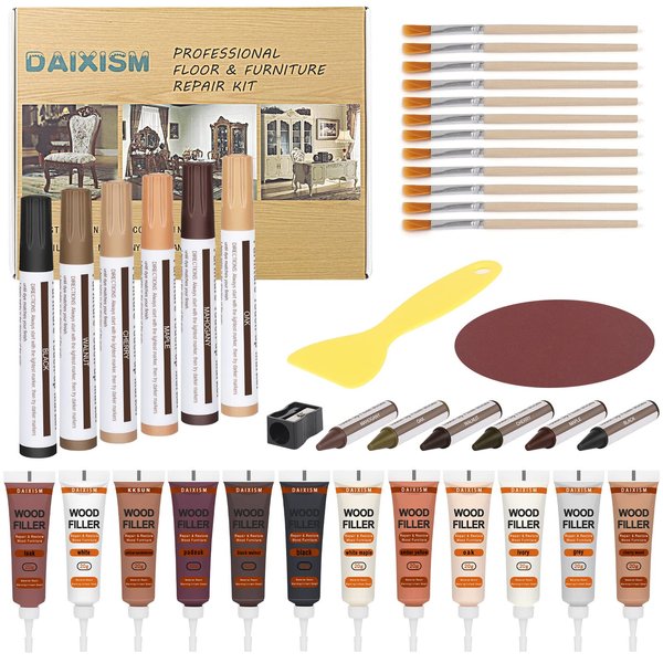 Furniture Repair Kit Wood Touch up Maker Restore Any Wood Furniture, Cover Surface Scratch for Wooden Floor Table, Filler Oak, Cabinet, Door, Veneer, Set of 39