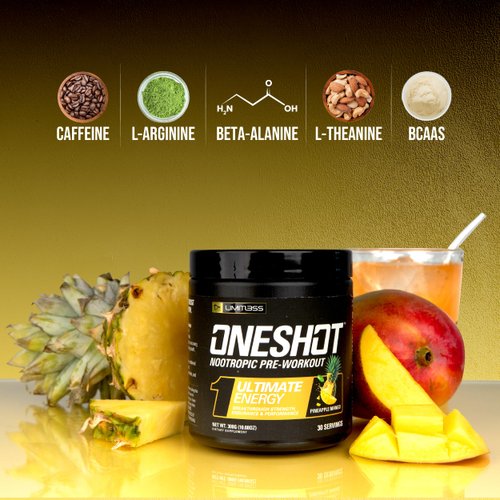 ONESHOT Pre Workout Powder for Men and Women - BCAAS Amino Acids Supplement Powder, 200mg Caffeine Powder, Beta Alanine Powder, Citrulline Malate Preworkout Powder - Pineapple Mango - 30 Servings