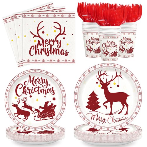 120pcs Merry Christmas Paper Plates Napkins Christmas Reindeer Party Supplies Xmas Theme Tableware Set Disposable Cups Red Forks Christmas Reindeer Birthday Party Supplies Serve 24 Guests