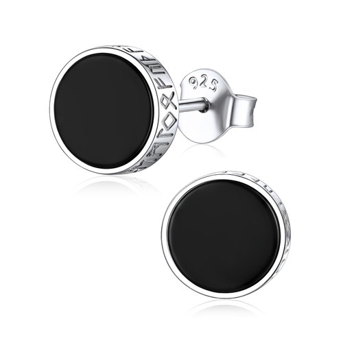 ChicSilver Mens Black Stud Earrings 925 Sterling Silver Round Black Onyx Stud Earrings with Viking Rune Men Earrings Studs