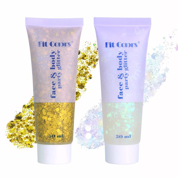Face Glitter Gel, 2 Jars Holographic Chunky Glitter Makeup for Body, Hair, Face, Nail, Eyeshadow, Long Lasting and Waterproof Mermaid Sequins Liquid Glitter Total 6 Colors Available (Gold & White)