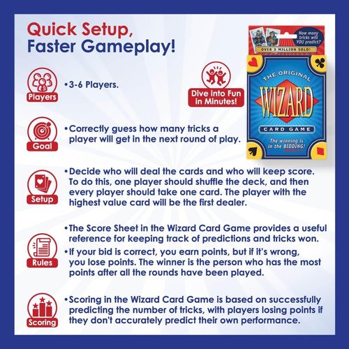 The Original Wizard Cards Game and Card Holder for Playing Cards (4-Pack) - Classic Card Game for Vacations and Game Nights with Hands-Free Cards Holder for Seniors - Wizard Scoring Sheets