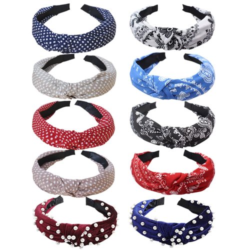 HUANMAYE Boho Headbands for Women 10 Pack Fashion Knotted Turban Headbands Pearl Velvet Top Knot Hair Accessories for Women Girls Ladies Diademas Para Mujer de Moda (Cashews)…