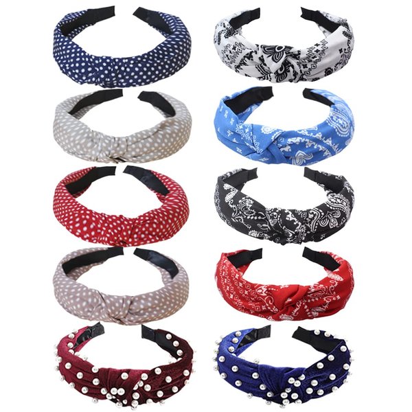 HUANMAYE Boho Headbands for Women 10 Pack Fashion Knotted Turban Headbands Pearl Velvet Top Knot Hair Accessories for Women Girls Ladies Diademas Para Mujer de Moda (Cashews)…