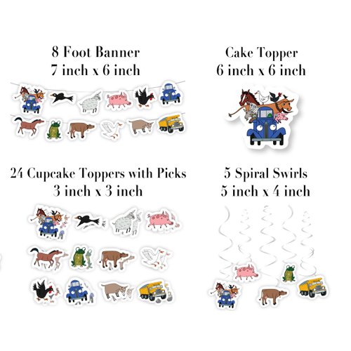 Farm Animal Birthday Party Decorations with Blue Truck (42 Pieces) Birthday Party Banner Cake Topper Cupcake Toppers and Hanging Swirls