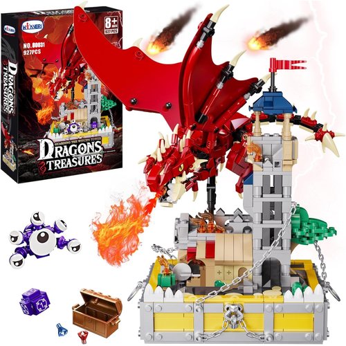 WINNER SPACE Dragons & Treasures Building Block Sets Toys, Guarding Dice Tower Kits, Red Dragon Medieval Castle Sets for Kids 8-12 +, Dragon Model Collection Decor, Idea for Adult Fans (927 Pcs)