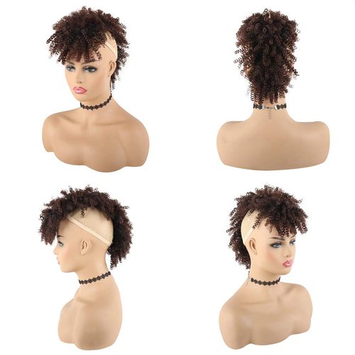 KRSI Afro High Puff Hair Bun Ponytail Drawstring With Bangs Synthetic Light Brown Spring Curly Mohawk Kinkys Wigs Curly Fauxhawks Pony Tail Clip in on Ponytail Hair Extensions for Black Women(1B/33#)