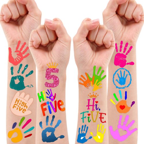 Hi Five Temporary Tattoos Five 5th Birthday Party Decorations Favors Supplies Themed Cute Stickers 10 Sheets 100 PCS Gifts for Baby Girls Boys Class School Carnival