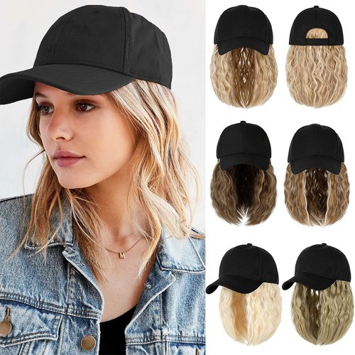 Qlenkay Baseball Cap with Hair Extensions 14inch Wavy Curly Bob Hairstyle Adjustable Wig Hat Attached Synthetic Hairpiece for Woman Ginger Blonde Mix Bleach Blonde