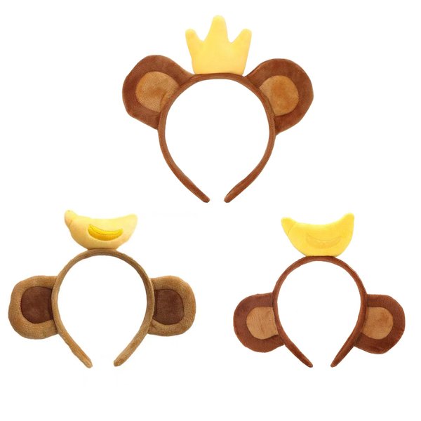 3 Pack Monkey Headband with Banana Crown, Animal Ears Hairband for Costume Accessories