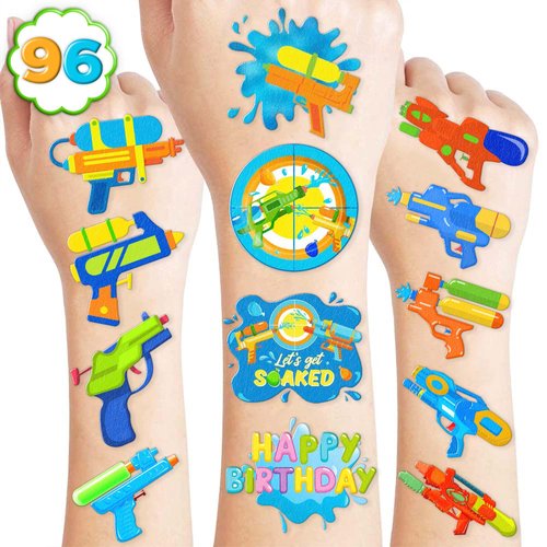 Generic 96PCS Water Squirt Gun Temporary Tattoo Stickers Pool Birthday Party Favors Decorations Supplies Decor Theme for Boys Girls School Classroom Activity Outdoor Prizes Rewards, Blue