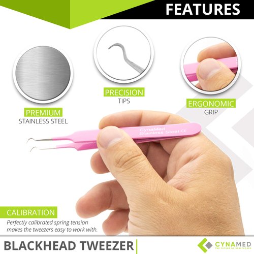Blackhead Tweezer - Professional Curved Steel Tip Surgical Comedone & Splinter Extractor. Ideal Blemish & Acne Remover Tool Means Flawless Facial Skin (Pink)