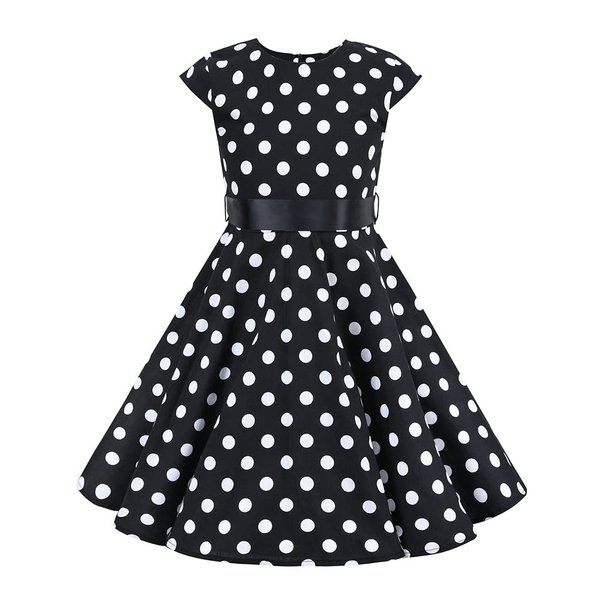 Kids Girls Cap Sleeve Vintage Polka Dot 50's Swing Dress 1950s Retro Audrey Hepburn Rockablilly Summer Casual A-line Dress Bow Tie Party Wedding Prom Cocktail Dress Dance Gown Black Polka 5-6 Years