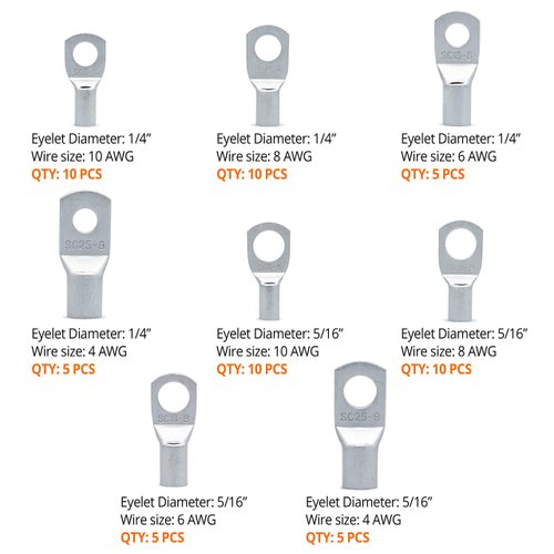 Wirefy 60 PCS Tinned Copper Wire Lugs Kit - Battery Lugs - Crimp Battery Cable Ends - Ring Terminals - 10-4 Gauge
