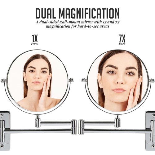 Ovente 7" Wall Mount Makeup Mirror, 1X & 7X Magnifier, Adjustable Spinning Double Sided Round Reflection, Extend, Retractable & Folding Arm, Bathroom & Vanity Décor, Polished Chrome MNLFW70CH1X7X