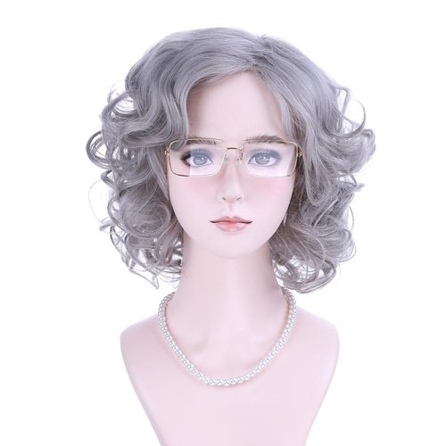 Edivd Kids Gray Grandma Granny Costume Wig Short Sliver Gray Side Part Wig for Girls Short Light Grey Curly Wavy Wig for Child 100 Days of School Heat Resistant Synthetic Wig with Wig Cap