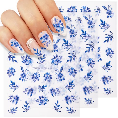 Nuorest 3 Sheets 5D Flowers Nail Art Stickers, Floral Nail Decals, Blue White Flower Nail Stickers, Adhesive Nail Decorative Accessories for Acrylic Nails, French Tips, Manicure for Women Girls