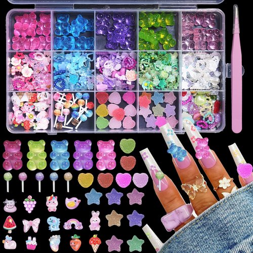 CESUSME 3D Nail Charms Assorted Mix Bear Cartoon Pink Color Blue White Nail Charms Lollipop Color Flower Butterfly Bowknots Heart Pearls Candy Cute Nail Charms for Nail Art DIY Accessories