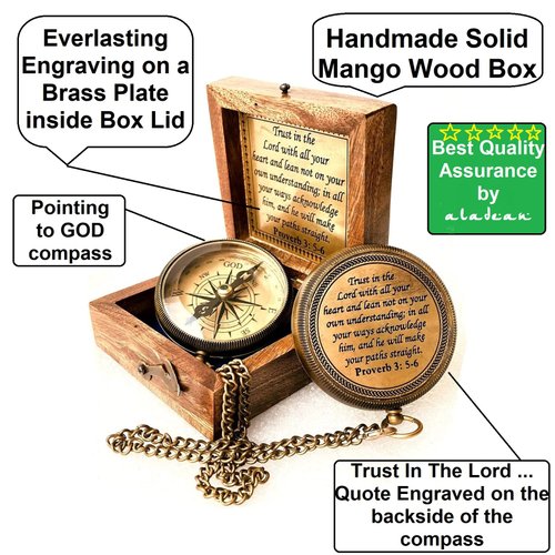 Trust in The Lord -Proverbs 3: 5-6 Quote Engraved Compass | Camping Compass Inspirational Christian Religious Gifts Men Women Catholic 2023 Graduation Gift Boys Girls (#1 Trust in The Lord Compass)