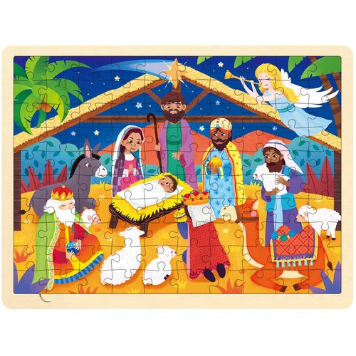 MoinKidz Wooden Nativity Puzzle for Kids Ages 3-5, Baby in The Manger 100 Piece Puzzles for Kids Ages 4-8 with Puzzle Tray, Religious Christmas Puzzle for 3 4 5 6 7 8 Year Old