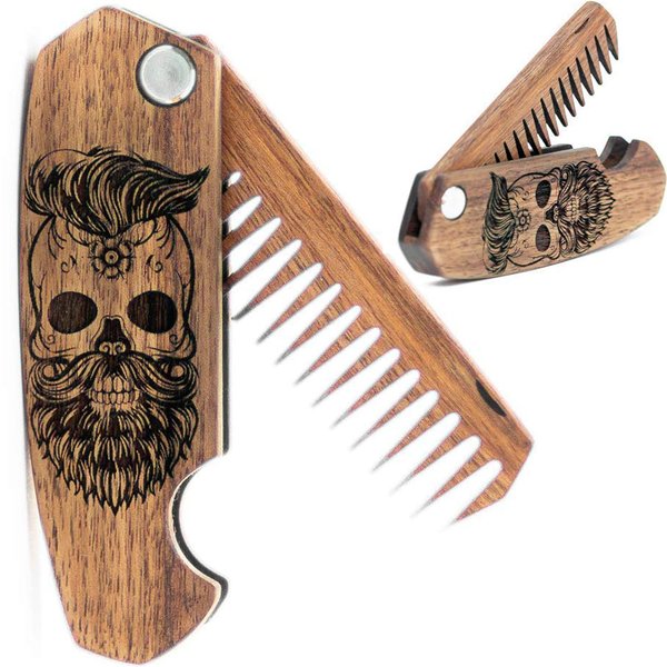 Beard Comb for Men - Pocket Folding Combs for Mustache & Hair Travel Natural Wooden Comb with Skull Engraving - Perfect for Use w/Beard Balm Oil