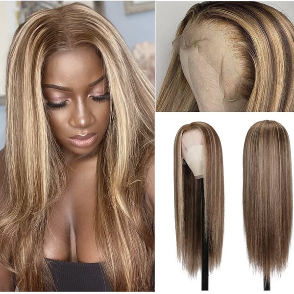 Ombre Lace Front Wig Human Hair 18inch Highlight 13x4 HD Straight Lace Front Wigs 150% Density 6/613 Colored Chocolate Brown HD Lace Frontal Wigs for Women Brown Glueless Pre Plucked with Baby Hair
