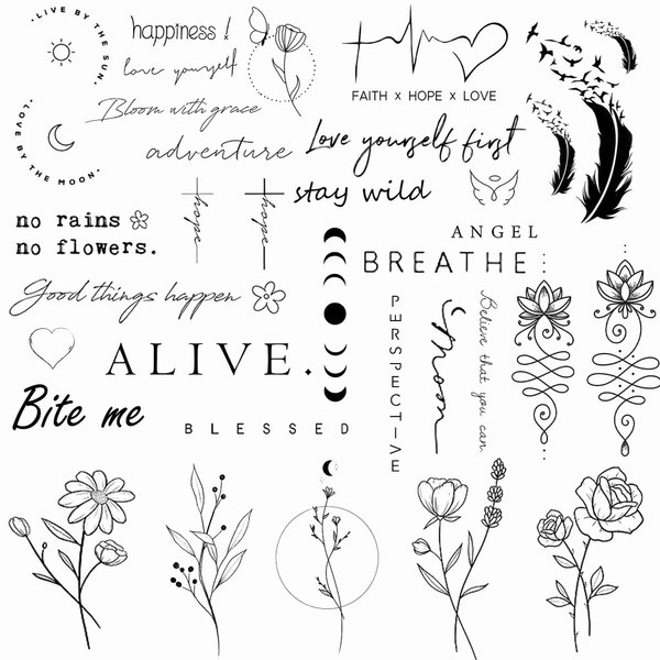 Dopetattoo Realistic Temporary Tattoo 48 Designs Quote Word Inspirational Words Wild Flower Floral Bouquet for Women Girls