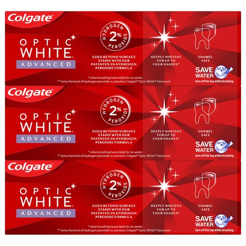 Colgate Optic White Advanced Teeth Whitening Toothpaste, Vibrant Clean, 3.2 Ounce Tube, 3 Pack