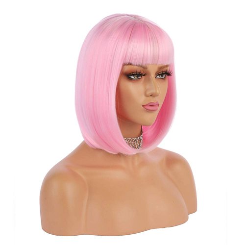 eNilecor Short Bob Hair Wigs 12" Straight with Flat Bangs Synthetic Colorful Cosplay Daily Party Wig for Women Natural As Real Hair+ Free Wig Cap (Light Pink)