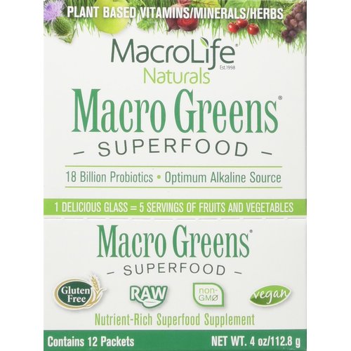 MacroLife Naturals Macro Greens Powder 38 Superfood Probiotic Antioxidant Enzyme & Herbal Supplement Immunity Energy Cleanse - Non-GMO Vegan Gluten-Free Dairy-Free - 12 Packet Servings