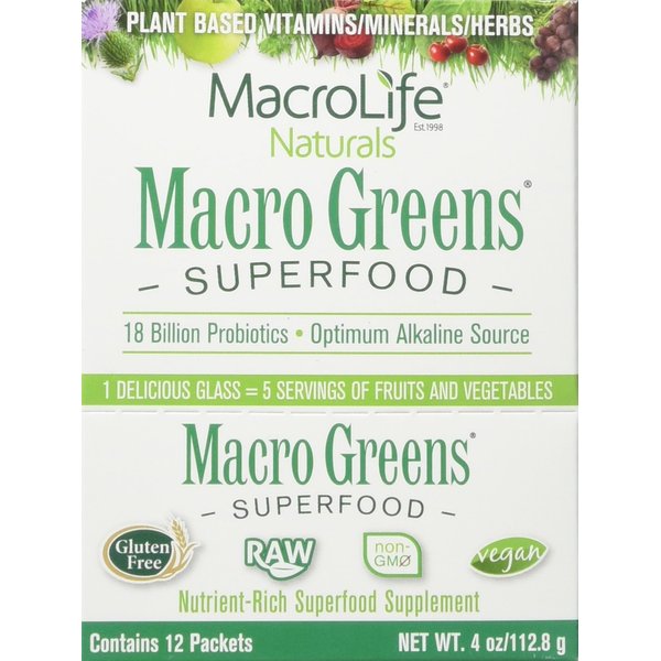 MacroLife Naturals Macro Greens Powder 38 Superfood Probiotic Antioxidant Enzyme & Herbal Supplement Immunity Energy Cleanse - Non-GMO Vegan Gluten-Free Dairy-Free - 12 Packet Servings
