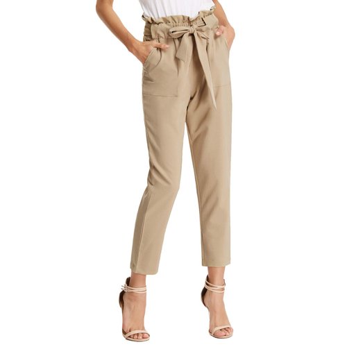 GRACE KARIN Women Ruffle High Waist Casual Bow Tie Work Cropped Pencil Pants Light Tan XL