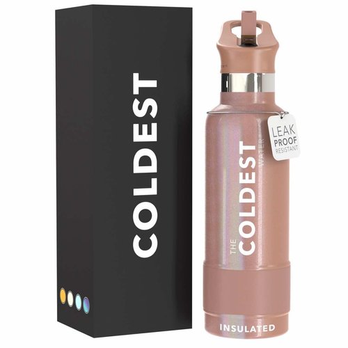Coldest Water Bottle with Standard Mouth Straw Lid Metal Thermos Vacuum Insulated Stainless Steel l Reusable Leak Proof Cupholder Flask (21 oz, Rose Gold)