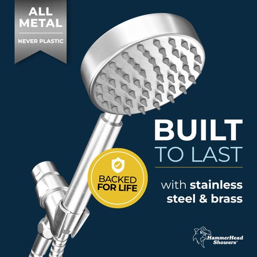 ALL METAL Handheld Shower Head with Hose and Brass Holder- BRUSHED NICKEL - 2.5 GPM High Pressure - with Adjustable Wand Bracket - 6ft Flexible Extension
