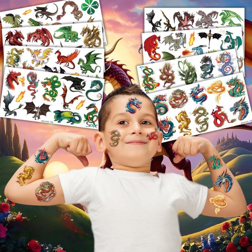Dragon Temporary Tattoos Birthday Party Supplies Favors Decorations Knight Dragon Super Cute Fake 96PCS Tattoos Stickers for Kids Boys Girls School Classroom Rewards Gifts Ideal Halloween